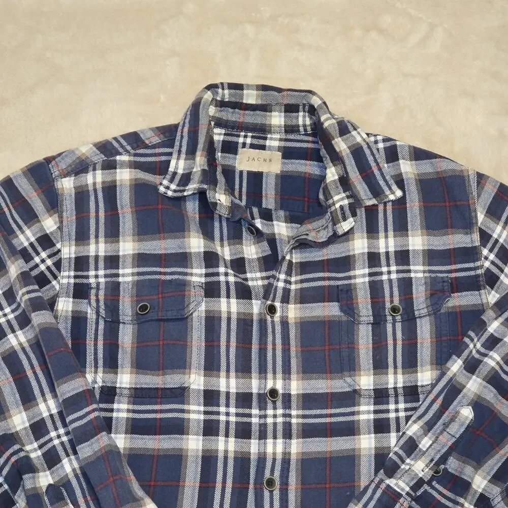 Jachs Men’s Flannel Shirt Blue Plaid Long Sleeve Button Front Casual Size M